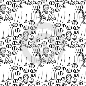 Seamless vector pattern for Halloween with black line.Holiday print with girl,snake,scary eyes