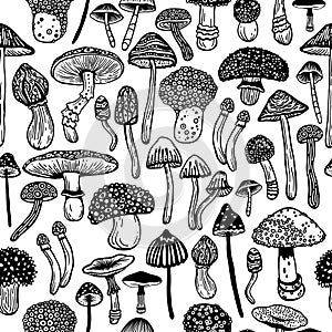 Seamless vector pattern of hallucinogenic mushrooms. Fantasy hand drawn concept of toadstools. Stylized image of psilocybin