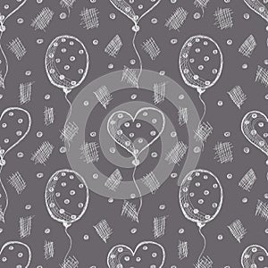 Seamless vector pattern with hand drawn air balloons on the grey background