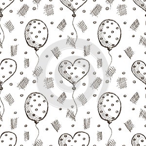 Seamless vector pattern with hand drawn air balloons on the white background.