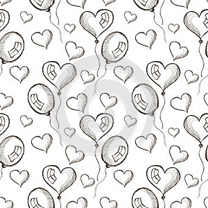 Seamless vector pattern with hand drawn air balloons on the white background.