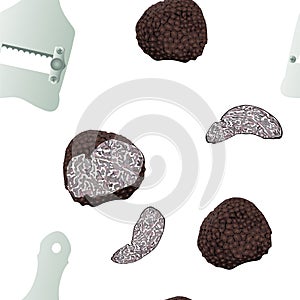 Seamless vector pattern of hand drawn black truffles mushrooms, tuber fungus and slicer