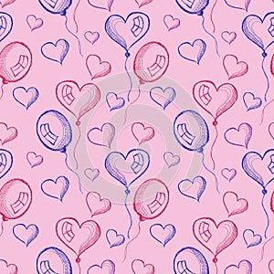 Seamless vector pattern with hand drawn colorful air balloons on the pink background