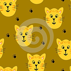 Seamless vector pattern with hand drawn cute cats and paws,kids illustration for interior design,textile