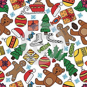 Seamless vector pattern with hand drawn fir trees, gift, bows, christmas toys. Seasonal winter background on the white