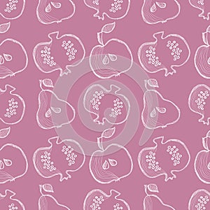 Seamless vector pattern with hand drawn fruits. Background with pomegranates, apples, pears.