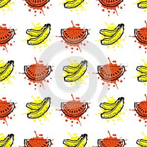 Seamless vector pattern. Hand drawn fruits illustration of banana and watermelon with splash and drop, on the white background