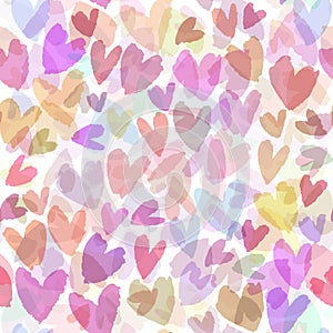 Seamless vector pattern with hand drawn hearts. Romantic background with pink hearts. Vector seamless background.