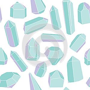 Seamless vector pattern of hand drawn illustrations of bright green, turquoise colored geometric gems, crystals and minerals.