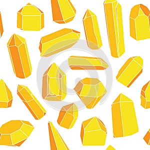 Seamless vector pattern of hand drawn illustrations of yellow geometric gems, crystals and minerals.