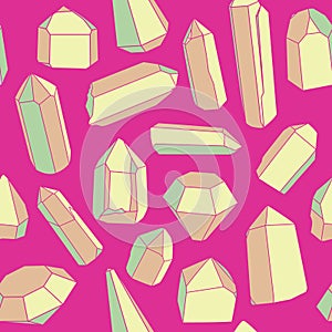 Seamless vector pattern of hand drawn illustrations of yellow geometric gems, crystals and minerals.