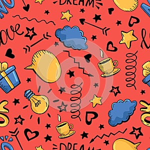 Seamless hand draw vector pattern on red background.