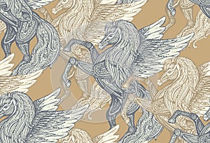 Seamless vector pattern with Hand drawn Pegasus