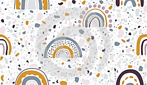 Seamless vector pattern with hand drawn rainbows and marble. Trendy baby texture