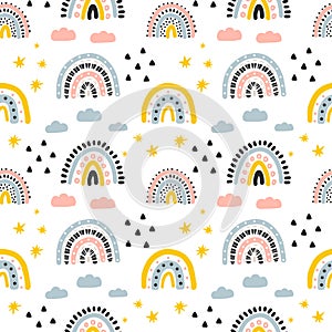 Seamless vector pattern with hand drawn rainbows. Trendy baby texture for fabric textile wallpaper apparel wrapping