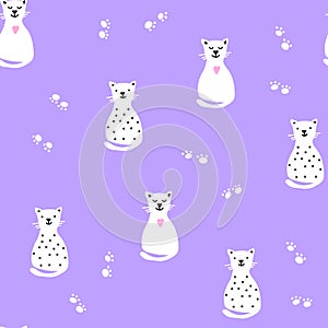 Seamless vector pattern with hand drawn white cute cats and paws,kids illustration for interior or cover design,textile