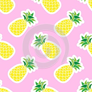 Seamless vector pattern with handdrawn doodle pineapples. Tropical illustration with exotic fruit on pink background.