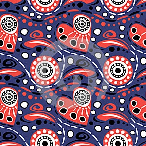 Seamless vector pattern with hearts. Blue and red abstract background with drawn elements and ornamental symbols.