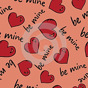 Seamless vector pattern with hearts and the inscription love for Valentine`s Day for the background, fabric, wrapping paper