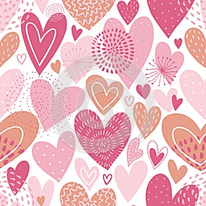 Seamless vector pattern with hearts. Love background for Valentine`s day. Seamless bright romantic design for fabric or wrap paper