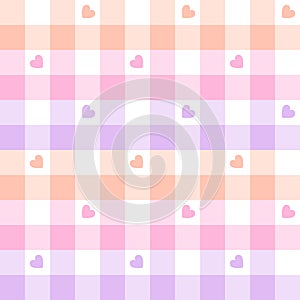 Seamless vector pattern with hearts. Pastel geometric gingham vichy check plaid in lilac, pink, apricot orange for Valentine Day.