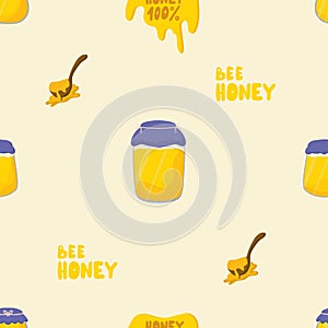 Seamless vector pattern of honey jar, wooden spoon, lettering 100 honey, honey streaks. Cartoon, flat style. Use for