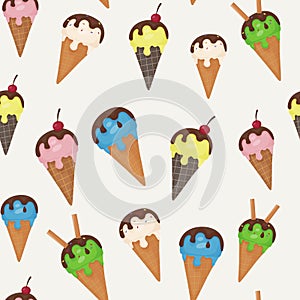 Seamless vector pattern of Ice Cream. Balls of different colors of melting ice cream in a waffle cone. Dark chocolate  straws