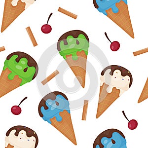 Seamless vector pattern of Ice Cream. Balls of different colors of melting ice cream in a waffle cone. Dark chocolate, straws,