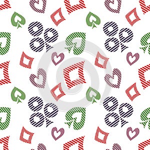 Seamless vector pattern with icons of playings cards. Background with colorful hand drawn ornamental symbols on white.