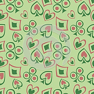 Seamless vector pattern with icons of playings cards. Background with hand drawn symbols and dots on green backdrop.