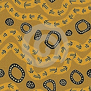 Seamless vector pattern including ethnic Australian motive with different elements on dotted background