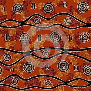 Seamless vector pattern including ethnic Australian motive with dotted different elements on orange background