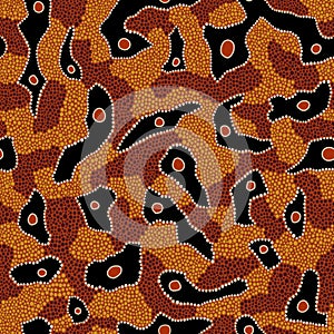 Seamless vector pattern including ethnic Australian motive with dotted different elements on orange background