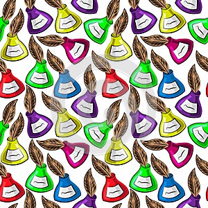 Seamless vector pattern with inkwells and pens