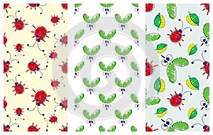 Seamless vector pattern with insect. Cute hand drawn endless background with childish ladybugs, mosquito and leaves. Series of Doo