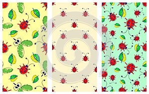 Seamless vector pattern with insect. Cute hand drawn endless background with childish ladybugs, mosquito and leaves. Series of Doo