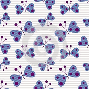 Seamless vector pattern with insects, background with blue stylized decorative butterflies on the grey lined backdrop.