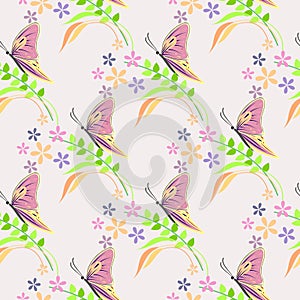 Seamless vector pattern with insects, background with colorful butterflies, flowers and branches with leaves over light backdrop