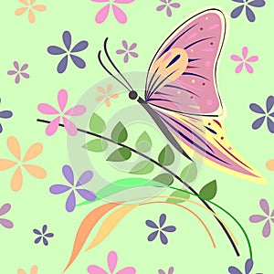 Seamless vector pattern with insects, background with colorful closeup butterfly, flowers and branches with leaves