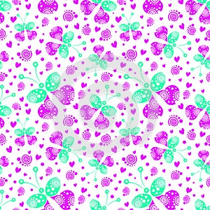 Seamless vector pattern with insects, background with green and pink decorative ornamental butterflies on the white backdrop