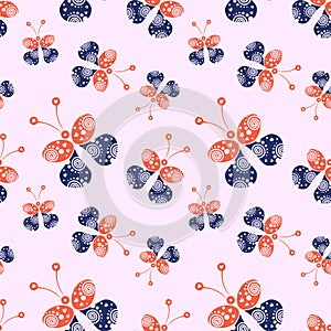 Seamless vector pattern with insects, background with red and blue decorative ornamental beautiful butterflies