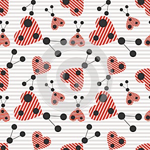 Seamless vector pattern with insects, background with red stylized decorative ladybugs on the grey lined backdrop.