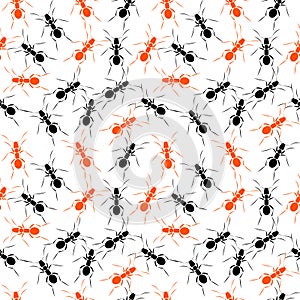 Seamless vector pattern with insects, chaotic background with black and red ants