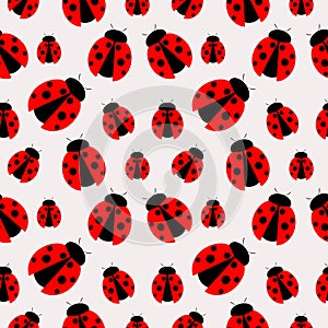 Seamless vector pattern with insects, chaotic background with bright close-up ladybugs, over light backdrop