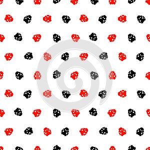 Seamless vector pattern with insects, chaotic background with bright red and black decorative ladybugs, on the white backdrop.