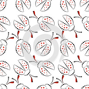 Seamless vector pattern with insects, chaotic black, red and white background with decorative closeup ladybugs, on the blue backd