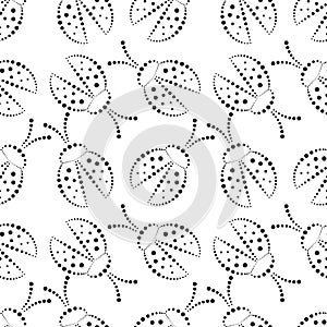 Seamless vector pattern with insects, chaotic black and white background with decorative closeup ladybugs, on the blue backdrop.