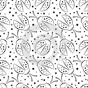 Seamless vector pattern with insects, chaotic black and white background with decorative closeup ladybugs and dots
