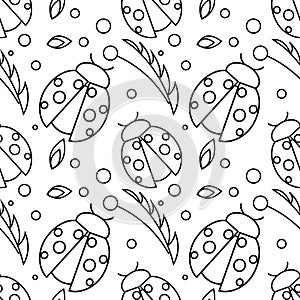 Seamless vector pattern with insects, chaotic black and white background with ladybugs and leaves on the white backdrop