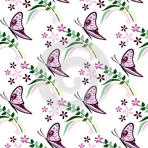 Seamless vector pattern with insects, colorful background with violet butterflies, flowers and branches with leaves